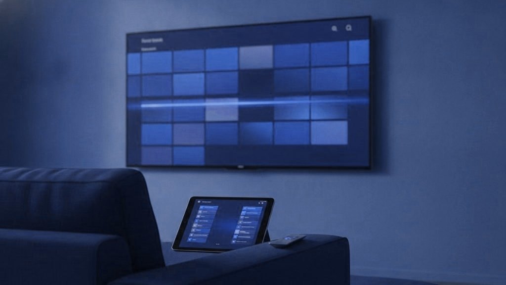 A TV showing a programme guide grid with a tablet and phone showing channel lists on a sofa