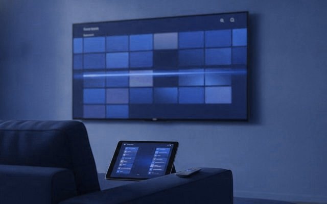 A TV showing a programme guide grid with a tablet and phone showing channel lists on a sofa