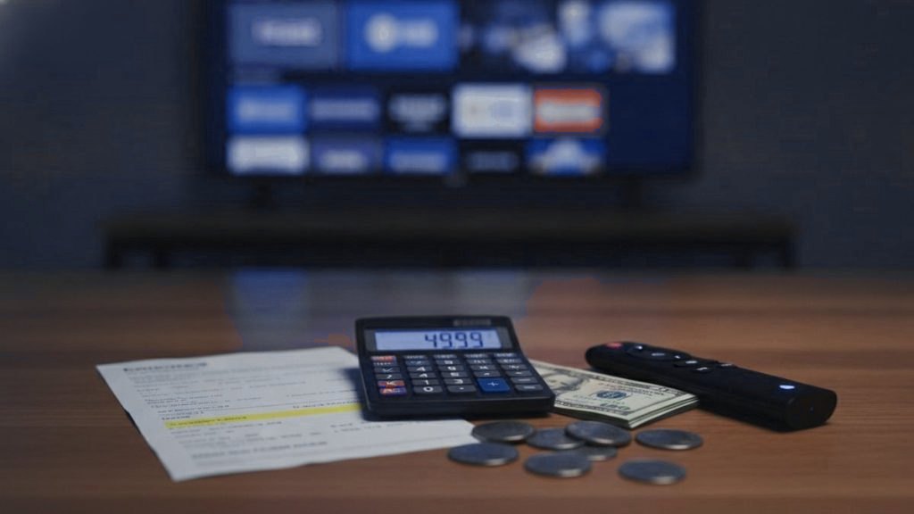 A calculator, dollar bills, coins, a streaming stick and a remote on a table in front of a TV