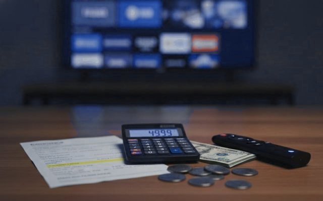 A calculator, dollar bills, coins, a streaming stick and a remote on a table in front of a TV