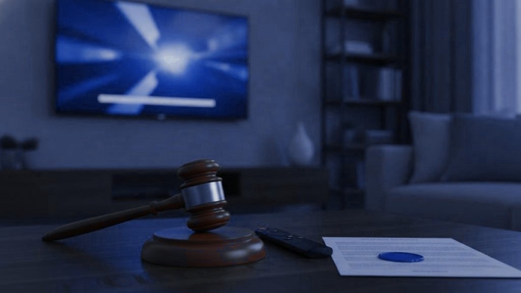 A judge gavel, a streaming remote and a sealed document on a coffee table in front of a TV