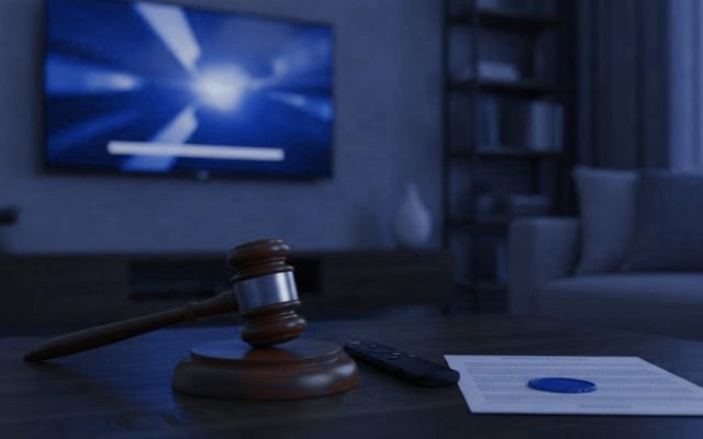 A judge gavel, a streaming remote and a sealed document on a coffee table in front of a TV