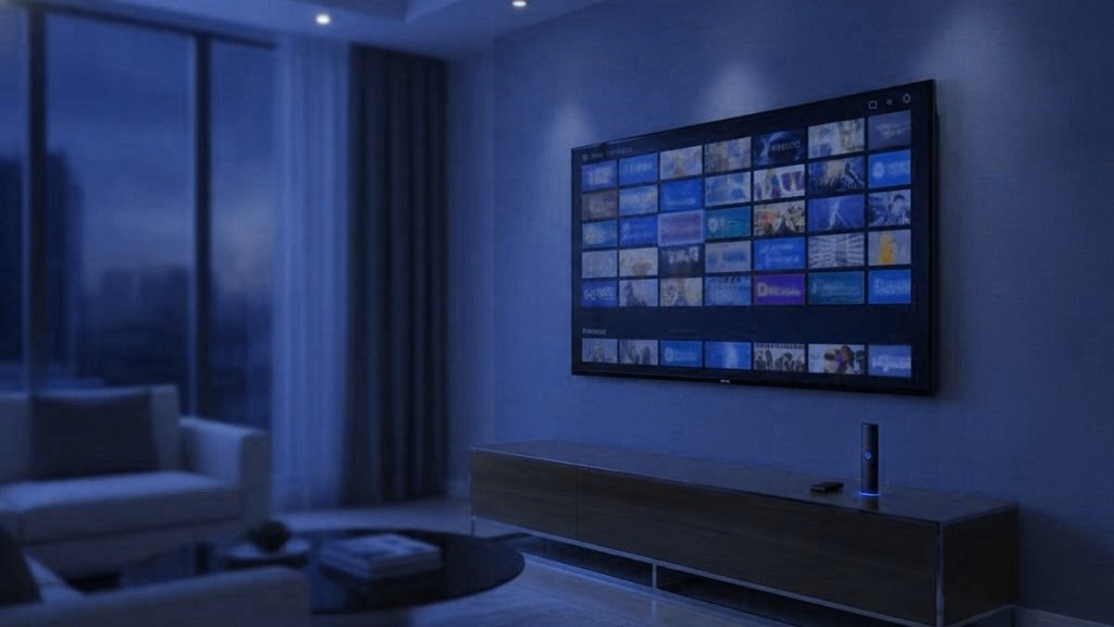 A living-room TV showing an IPTV channel guide with a streaming stick on the console