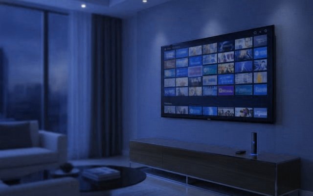 A living-room TV showing an IPTV channel guide with a streaming stick on the console